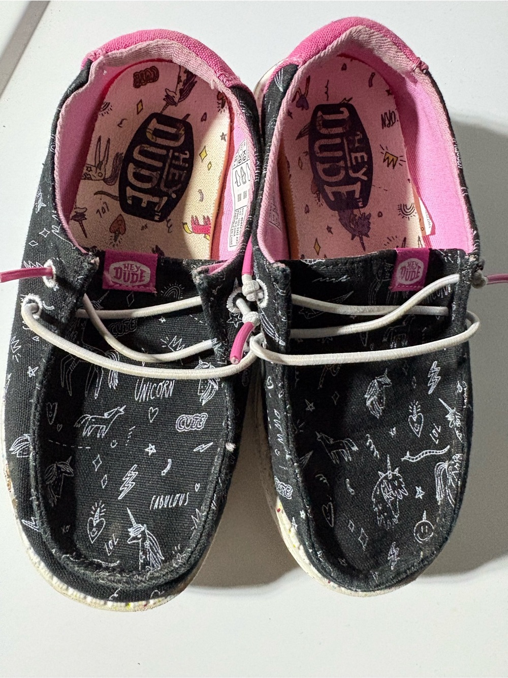 Hey Dude Black Canvas Kids Shoes with Pink Trim and Unicorn Print